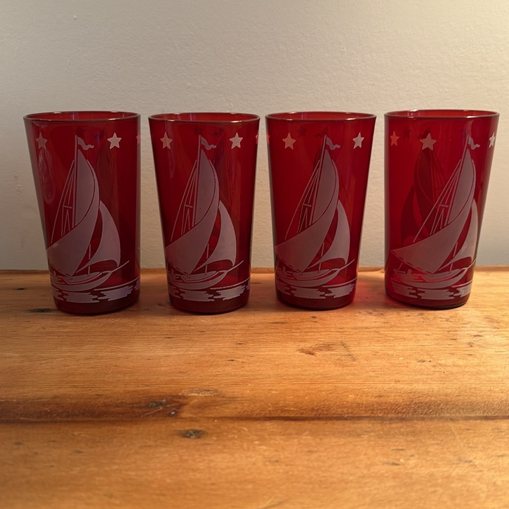 Vintage 4 Pc Set of Hazel Atlas Red Glass Sailboat Collection Glasses